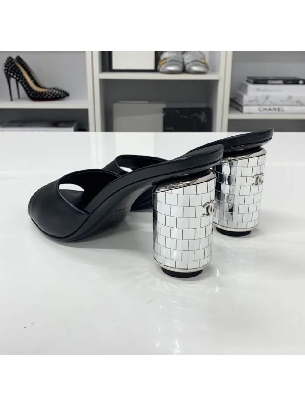 Chanel CC Logo Leather Mirror Heel Sandals Black